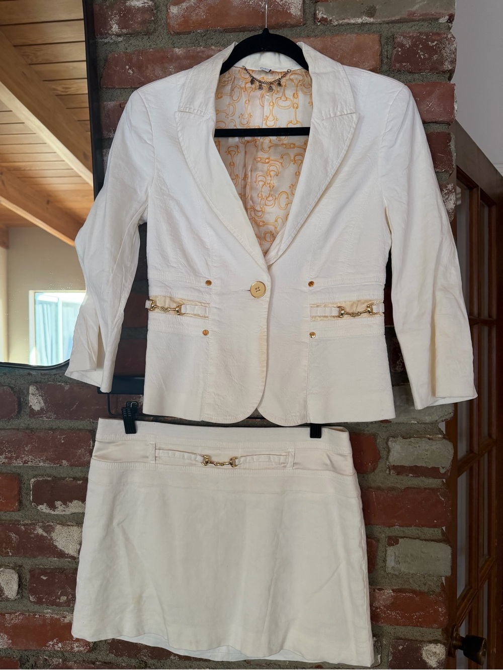 bebe Y2K Cream Tailored Blazer and Skirt Set with Gold Trim